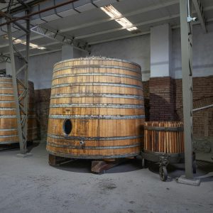 Interior view of wooden barrels used for wine fermentation in a Santiago, Chile winery.